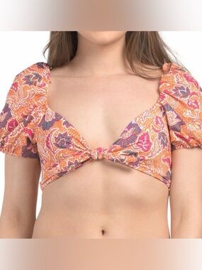 Cleobella Maude Bikini Top NWT size Small Floral Puff Sleeve Tie Front Festival
